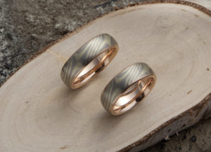 Mokume Gane Ringe mit Rotgold Innenring Grüngold Palladium