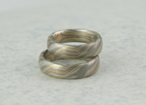 Mokume Gane Ringe Vierfarbig 4 Sterne innen mit Gelbgold Rotgold Krügerrand Palladium 375 Schneesilber 960